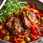 Steak Pizzaiola Recipe in tomato olive sauce in cast iron pan