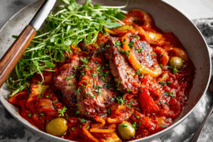 Steak Pizzaiola Recipe in tomato olive sauce in cast iron pan