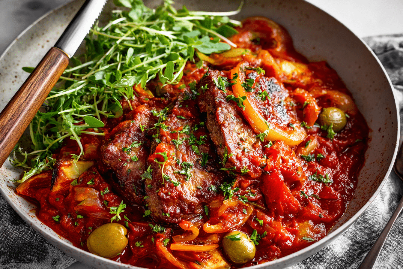 Steak Pizzaiola Recipe in tomato olive sauce in cast iron pan