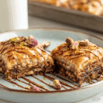 Close-up of freshly baked Nutella Baklava on a rustic wooden tray, honey drizzle and chopped hazelnuts visible, natural warm kitchen light