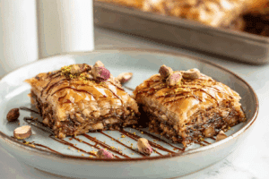 Close-up of freshly baked Nutella Baklava on a rustic wooden tray, honey drizzle and chopped hazelnuts visible, natural warm kitchen light