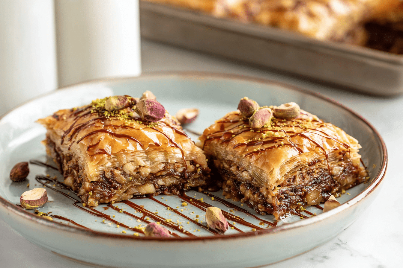 Close-up of freshly baked Nutella Baklava on a rustic wooden tray, honey drizzle and chopped hazelnuts visible, natural warm kitchen light