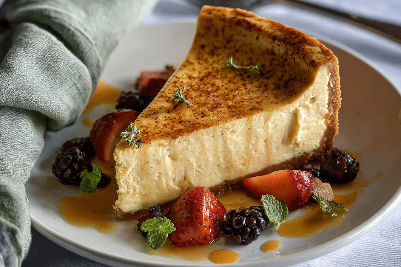 Rustic kitchen scene with vanilla bean brown butter cheesecake cooling