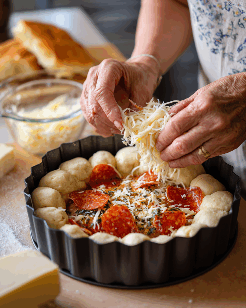 Assembling pull apart pizza bread in pan