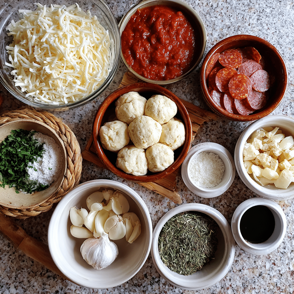Pizza monkey bread ingredients flat lay
