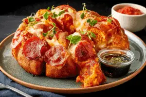 Pull Apart Pizza Monkey Bread close-up with melted cheese