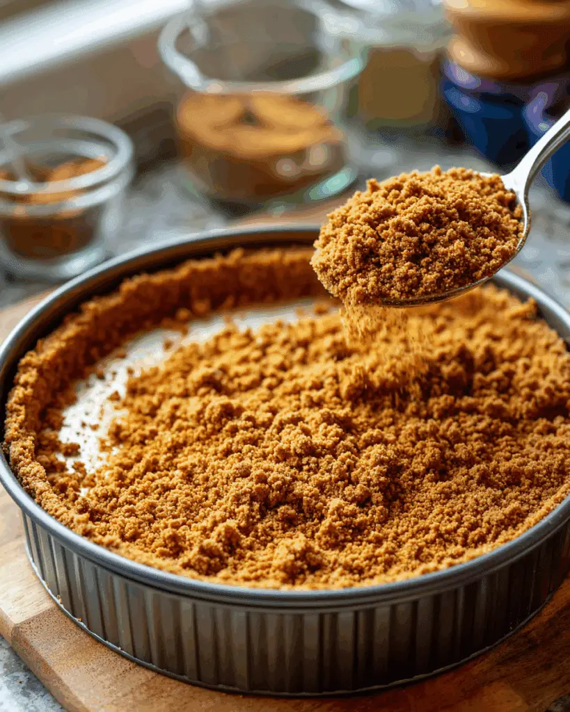 Pressing Biscoff cookie crust into cheesecake pan