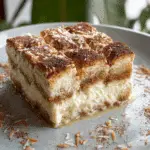 Coconut Rum (Coquito) Tiramisu layered dessert with cinnamon and coconut