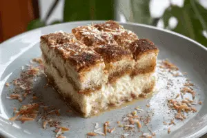 Coconut Rum (Coquito) Tiramisu layered dessert with cinnamon and coconut