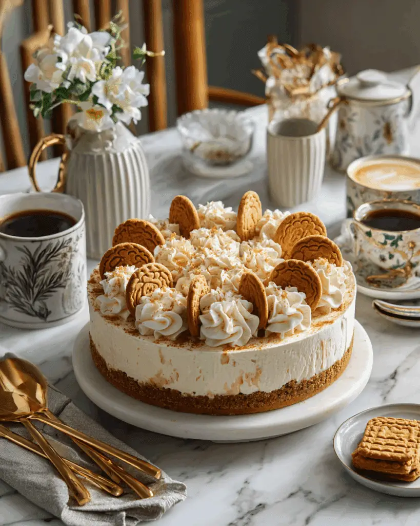 Decorated no bake cookie butter cheesecake with whipped cream