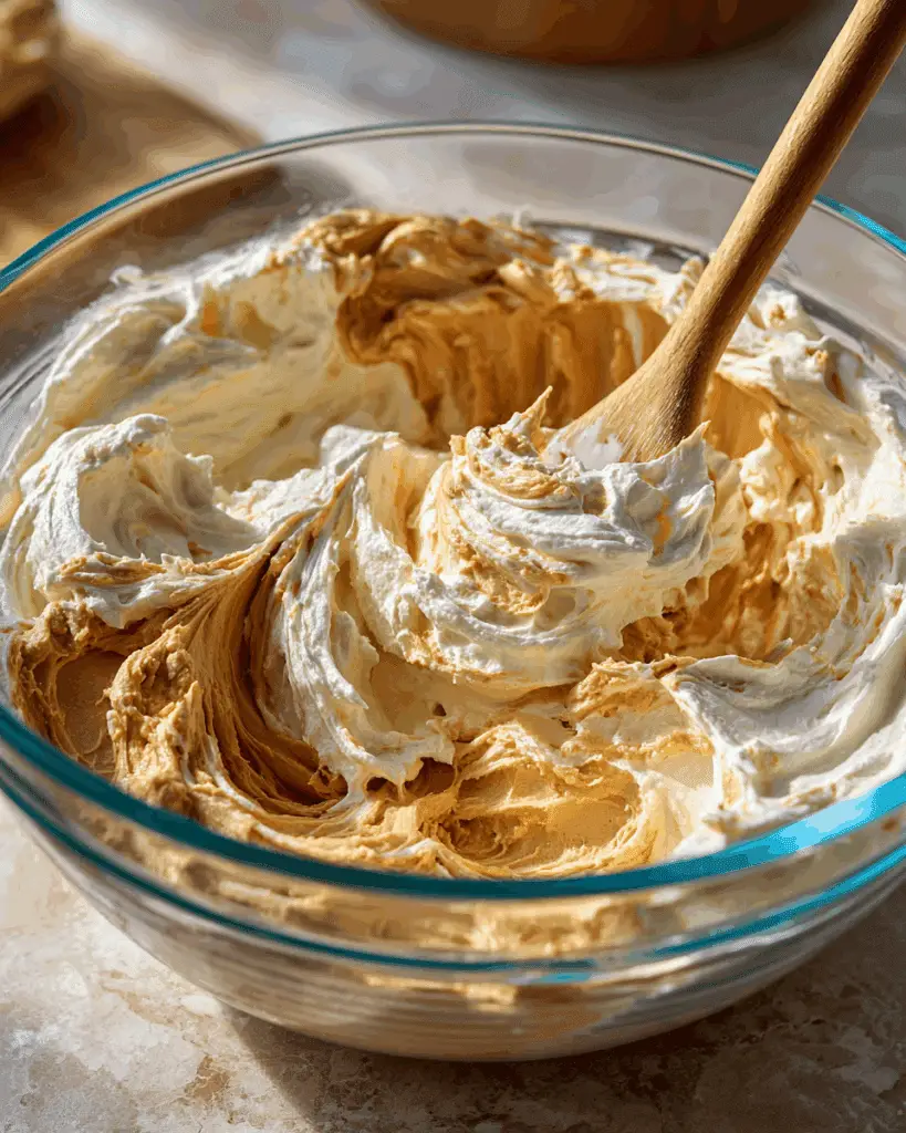 Folding whipped cream into cookie butter cheesecake mix