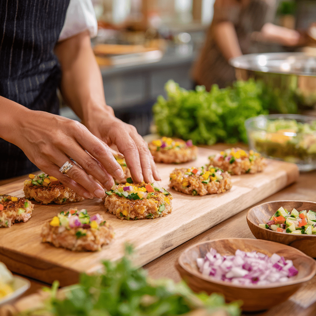 forming Asian-style tuna cakes