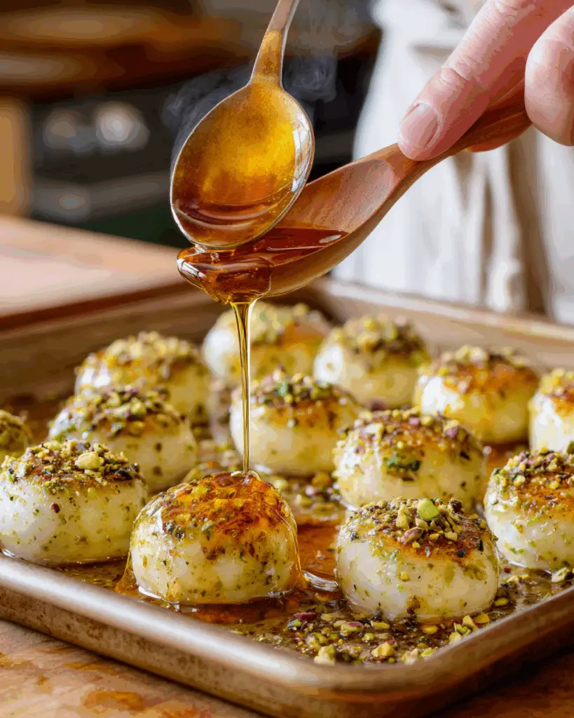 Drizzling honey over baked ricotta pistachio bites
