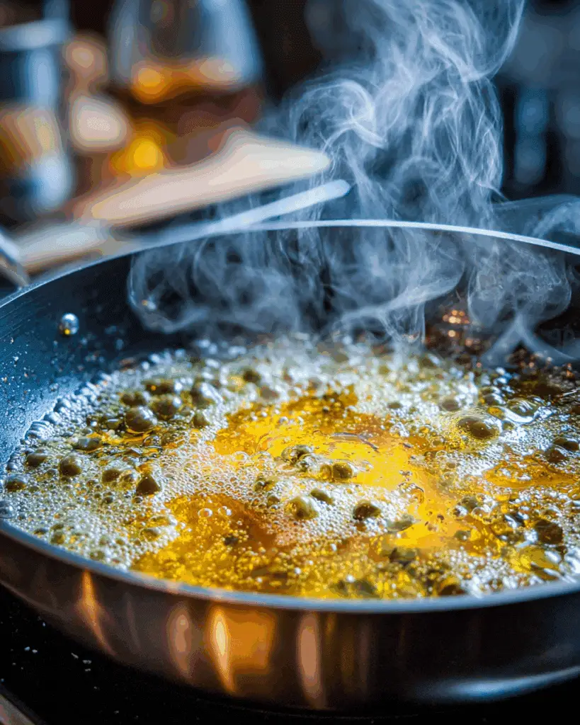 Lemon caper sauce simmering in skillet