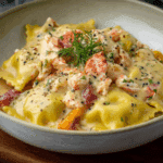 Lobster ravioli sauce simmering with lobster and herbs