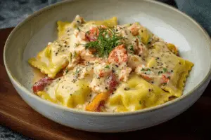 Lobster ravioli sauce simmering with lobster and herbs