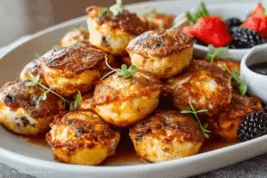 freshly baked McGriddle Bites in muffin tin with syrup