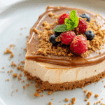 No Bake Cookie Butter Cheesecake with swirled topping