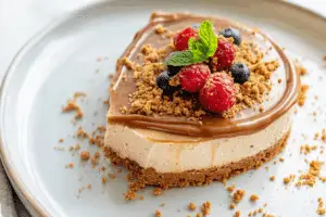 No Bake Cookie Butter Cheesecake with swirled topping
