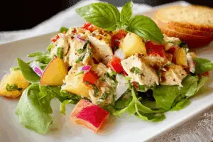 Peach Basil Chicken Salad on white plate