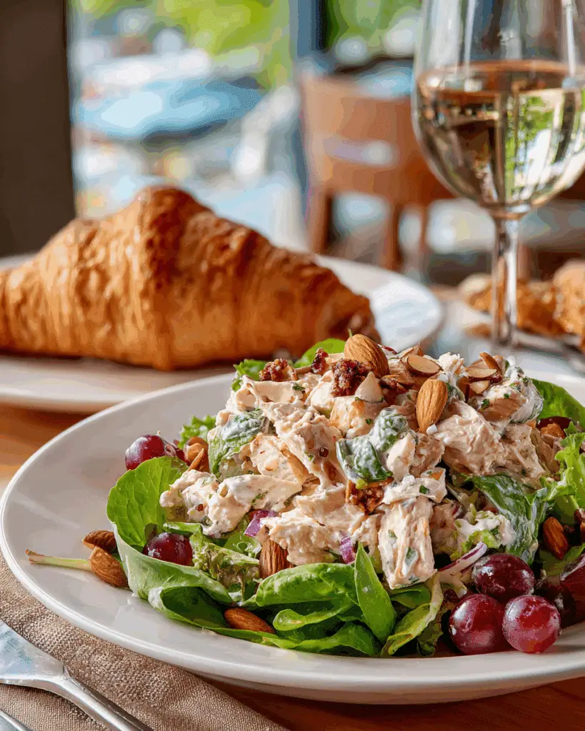 Peach Basil Chicken Salad served on greens