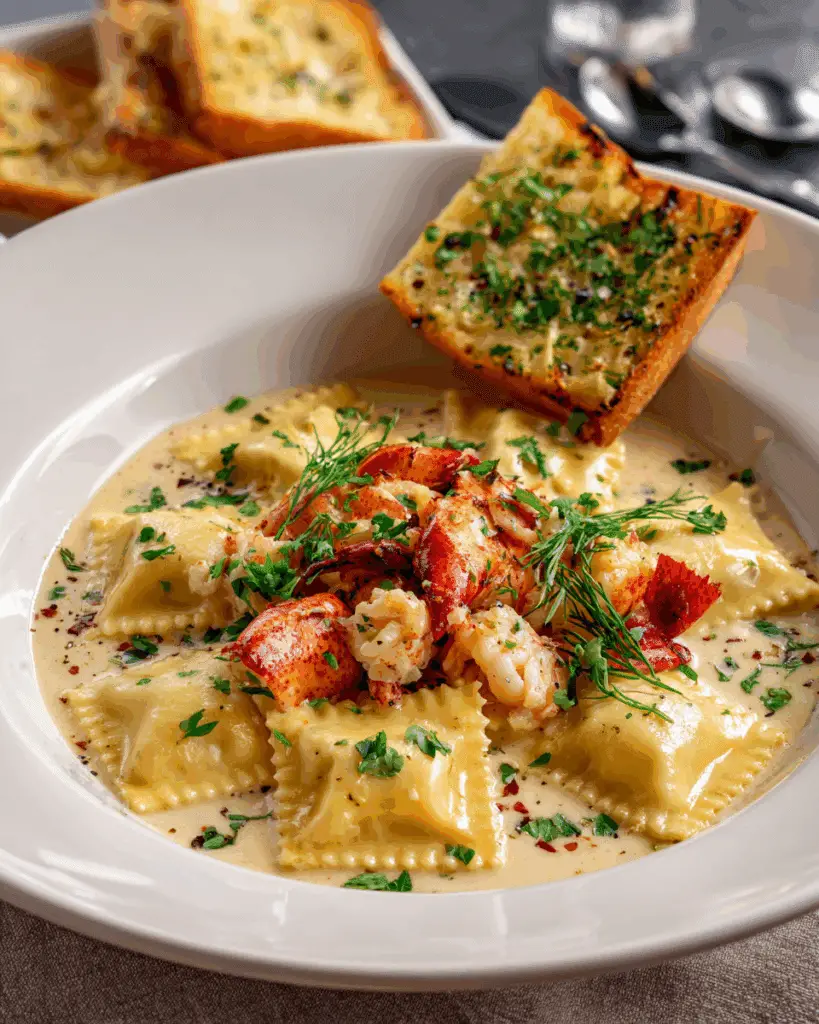 Final lobster ravioli with creamy sauce and bread