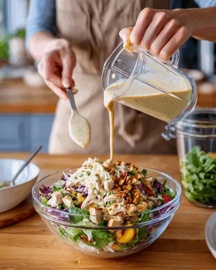 Pouring peach basil dressing on salad