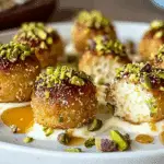 Ricotta pistachio honey bites drizzled with honey on marble plate