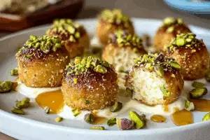 Ricotta pistachio honey bites drizzled with honey on marble plate