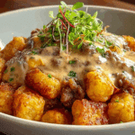Tater Tot Breakfast Bowl with Sausage Gravy served hot