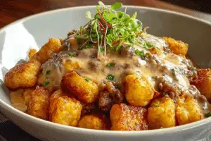 Tater Tot Breakfast Bowl with Sausage Gravy served hot