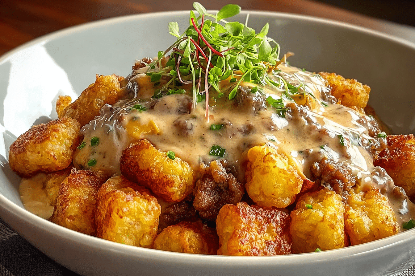 Tater Tot Breakfast Bowl with Sausage Gravy served hot