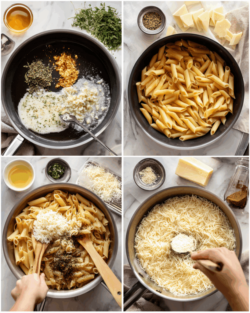 Stirring four cheese sauce in a pan.