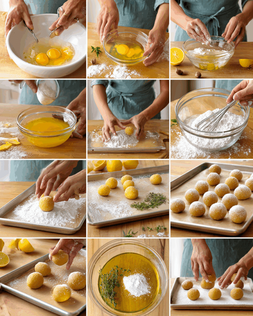 Rolling and coating Zesty Lemon Treat Balls in powdered sugar.