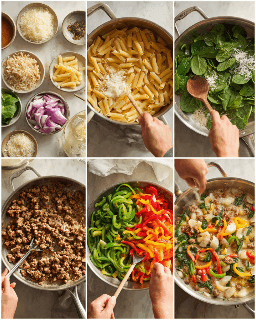 Creamy Sausage and Peppers Pasta Cooking