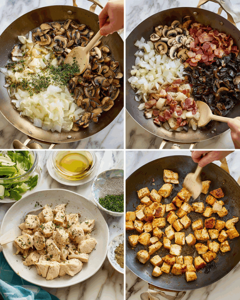 Filling the French Chicken And Mushroom Pie with creamy mixture