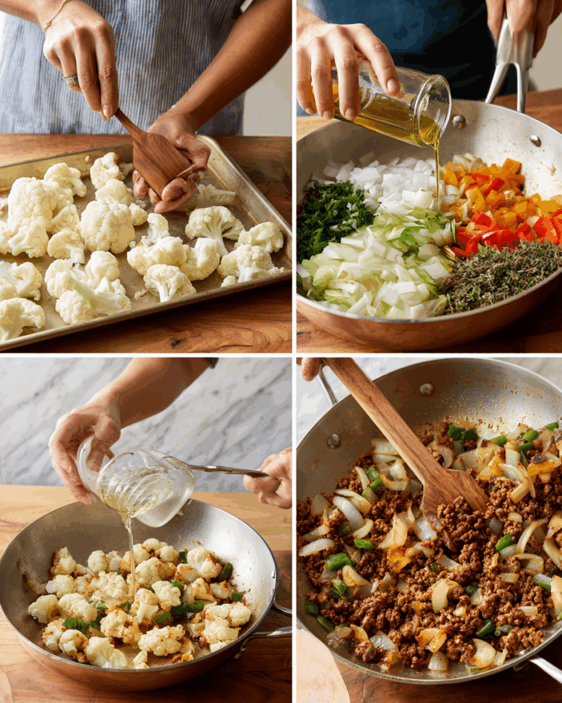 Cooking ground beef and vegetables in a skillet