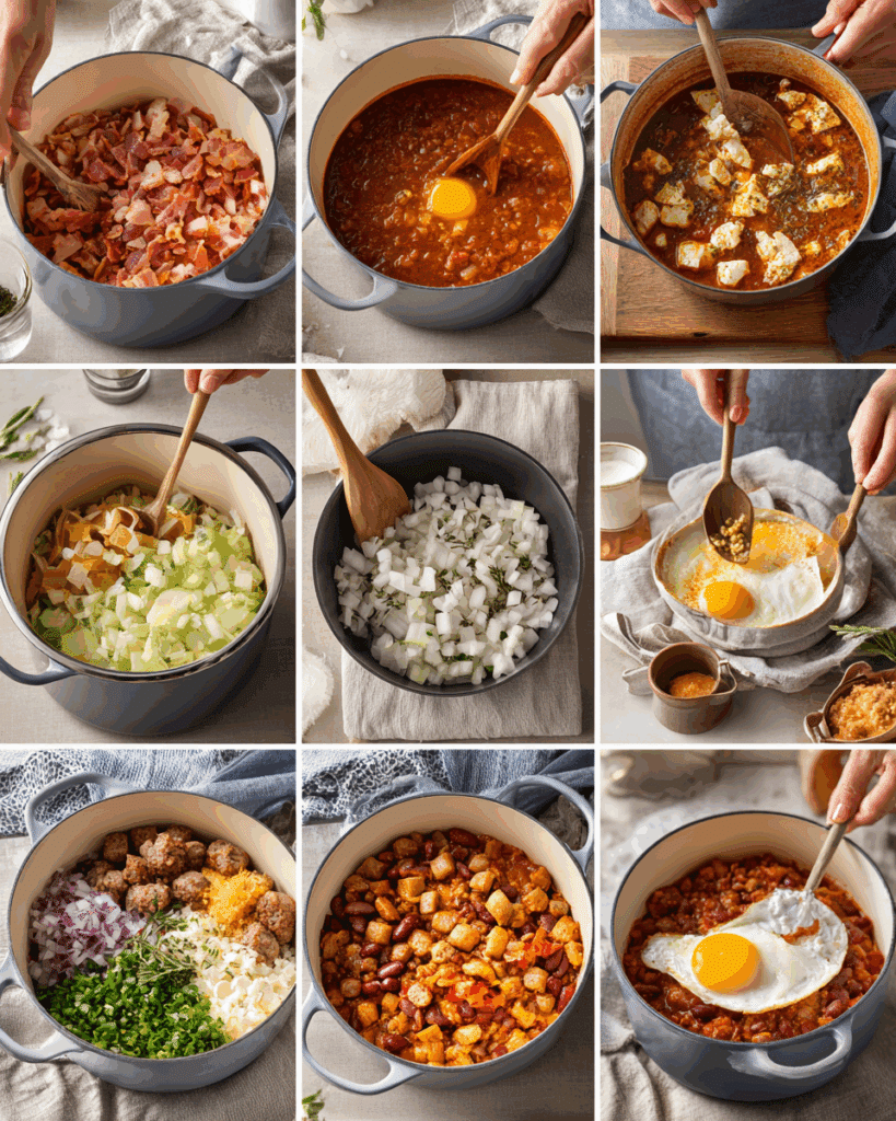 Cooking breakfast chili and eggs process