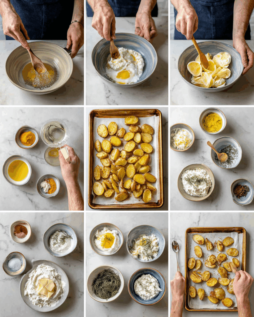 Crispy roasted lemon potatoes on a tray