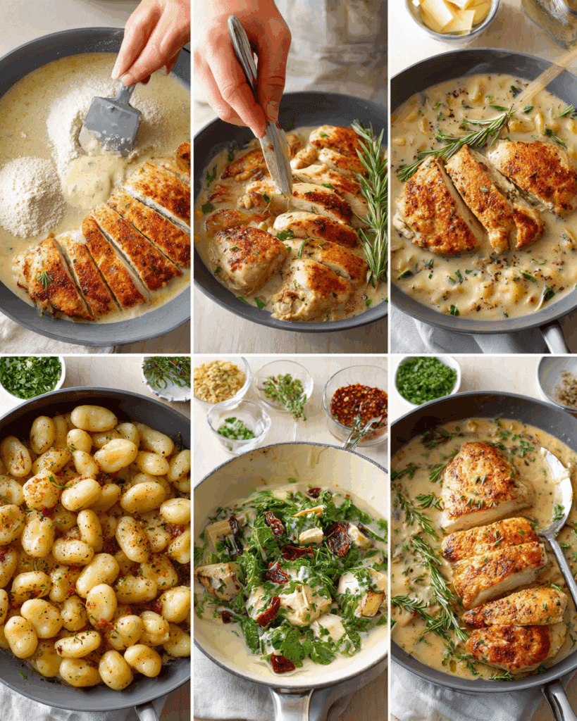 Chicken cubes browning in a skillet for creamy chicken and gnocchi.