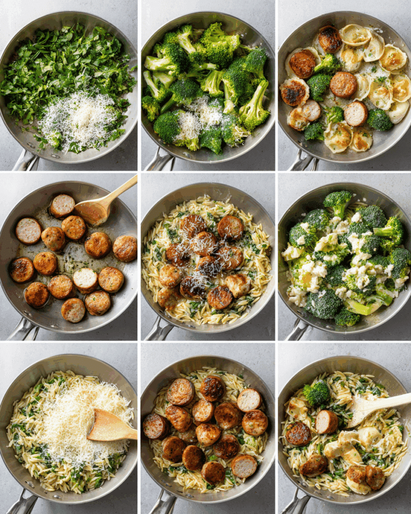Cooking process of Chicken Sausage Broccoli and Orzo Skillet