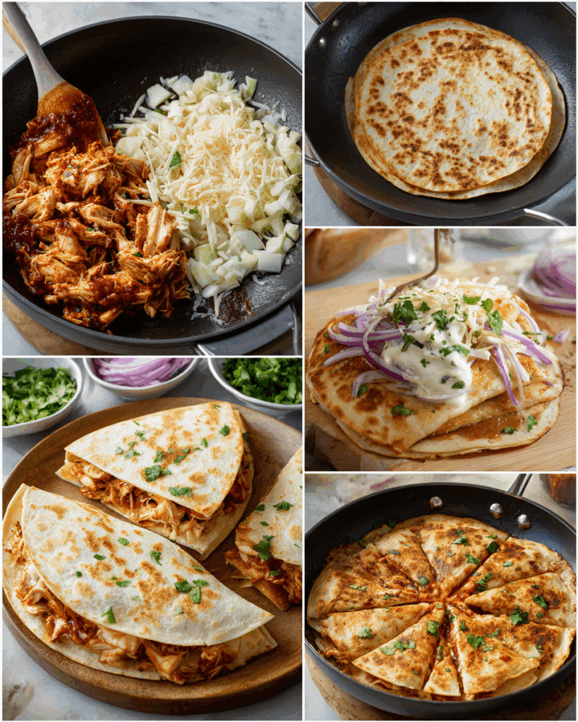 BBQ Chicken Quesadillas with assorted fillings and sides