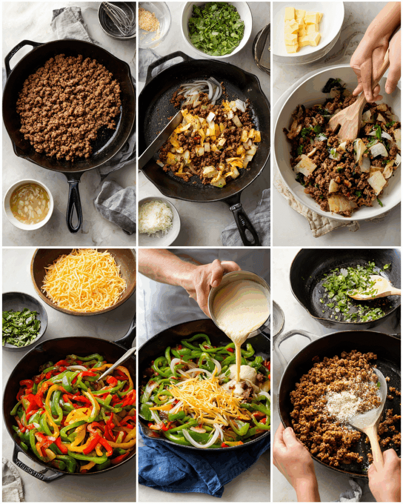 Cooking steps for Philly Cheesesteak Bowl in cast iron skillet
