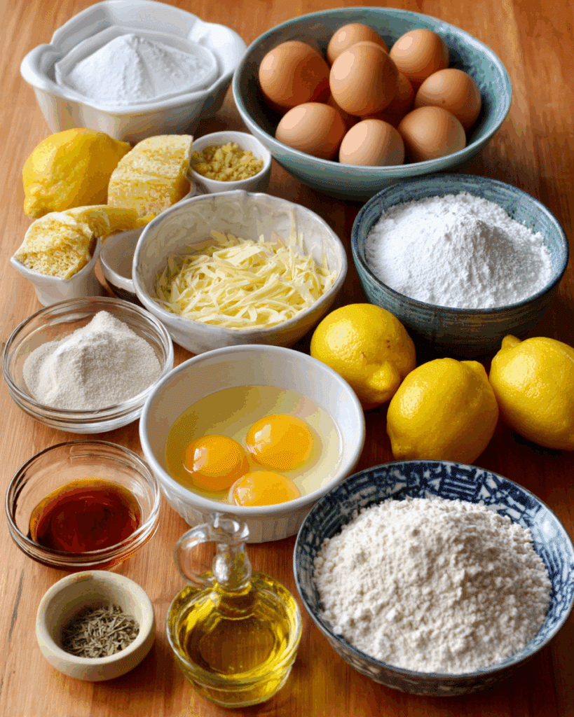 Ingredients for making Zesty Lemon Treat Balls arranged on a wooden table.