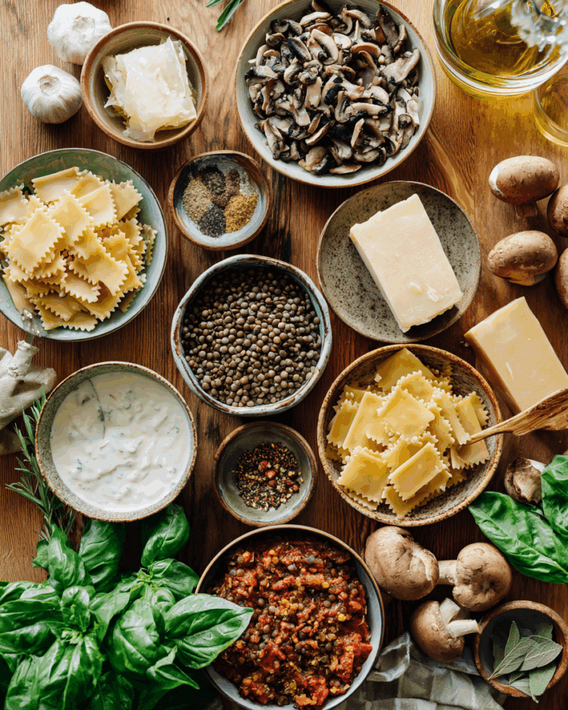 Ingredients for Smoky Skillet Lasagna with Crispy Lentils