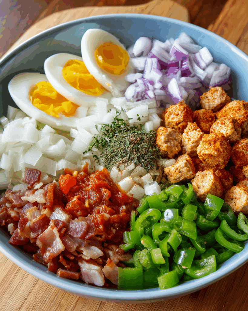 Ingredients for making breakfast chili and eggs