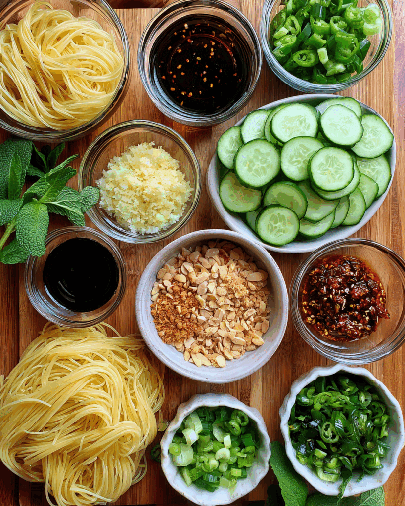 Ingredients for spicy cold noodle salad laid out on table