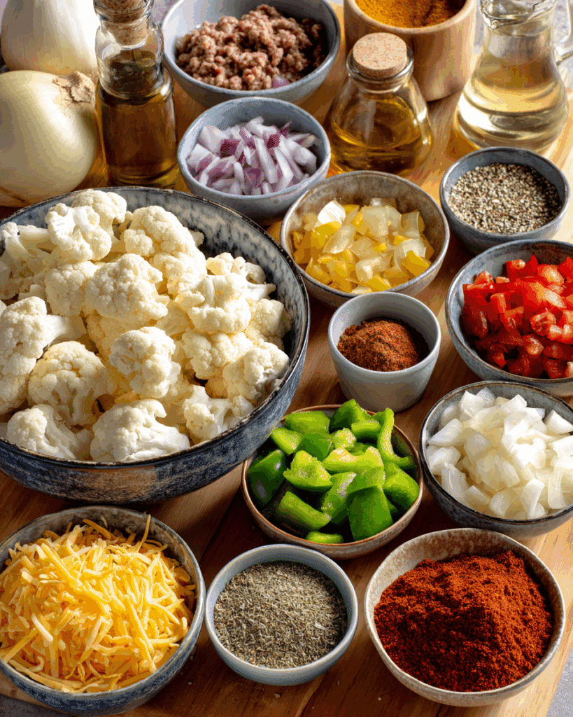 Ingredients laid out for Cauliflower Beef Taco Skillet