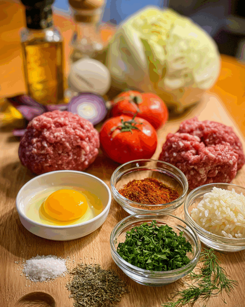 Fresh ingredients laid out for preparing cabbage meatball soup