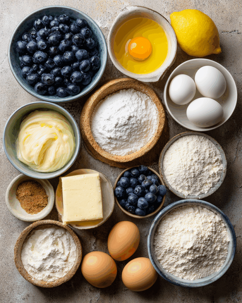Ingredients laid out for blueberry lemon curd donut holes recipe.